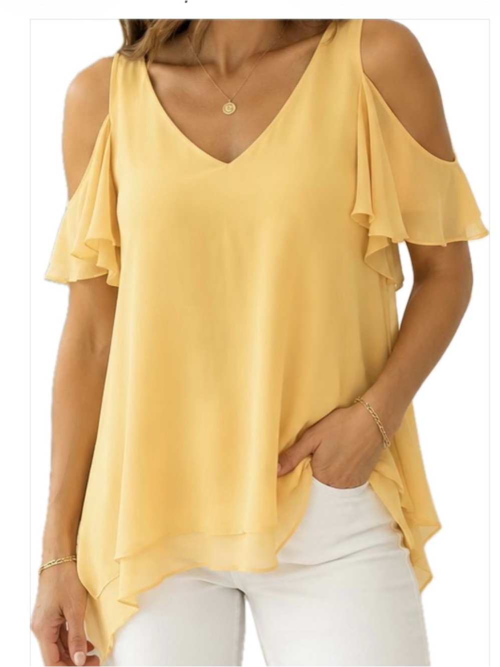 Max Studio Cold-Shoulder V-Neck Blouse.  Flutter sleeves. Small – Soft Yellow